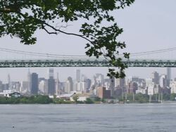 MS PAN Shot of Manhattan Bridge over Water / New York, United States Stock Footage