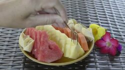 Woman eat fresh Fruit salad Stock Footage