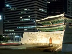 MS T/L Shot of Nightscape of Namdaemun(Korean National Treasure No.1) / Seoul, South Korea Stock Footage
