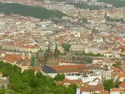 WS AERIAL DS View of Prague Castle and Vitava River / Prague, Czech Republic Stock Footage