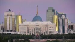 Central Asia, Kazakhstan, Astana, City Skyline and Ak Orda Presidential Palace of President Nursultan Nazarbayev Stock Footage