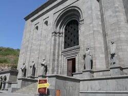 Yerevan, Matenadaran, Mashtots institue of ancient manuscripts, statues in the faÃƒÂ§ade of the building Stock Footage