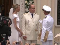 Prince Albert II and Princess Charlene of Monaco at the Monaco Royal Wedding: Saint Devote's Church Appearance at Monaco . (Footage by WireImage Video/Getty Images Entertainment Video) Stock Footage
