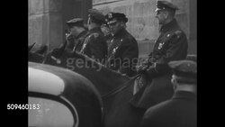 1937: STRIKERS PROTEST: Seamen on strike, walking w/ pickets, sign welcoming SS Roosevelt crew. Mounted police watching.  Strikers walking together. Instructional Video