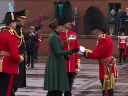 Duke & Duchess of Cambridge visit the 1st Battalion Irish Guards at the St Patrick's Day Parade at Mons Barracks, Aldershot News Clip