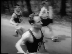 B/W 1962 tracking shot front runners leading race in 66th Boston Marathon / newsreel Stock Footage