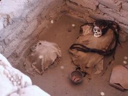 MS Shot over skull with long hairs in Chauchilla cemetery / South Of Peru, Nazca, Peru Stock Footage