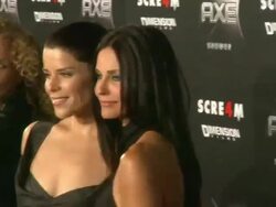 Neve Campbell and Courteney Cox at the AXE Shower Presents The World Premiere Of 'Scream 4' at Hollywood CA. (Footage by WireImage Video/GettyImages) Stock Footage