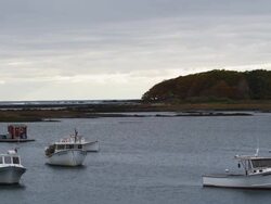 Harbor in Maine with lobster boats in autumn Stock Footage