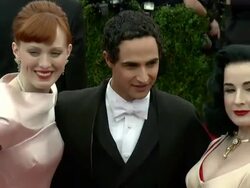 Karen Elson, Zac Posen, Dita Von Teese at 'Charles James: Beyond Fashion' Costume Institute Gala - Arrivals Stock Footage