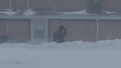 Historic Blizzard, Snowstorm, Whiteout Conditions - Man Braving The Elements Stock Footage