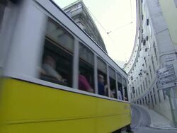 MS View of tram way in street on Downtown Lisbon / Lisbon, Portugal Stock Footage