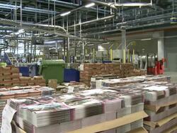 MS PAN View of web press news paper print office / Ruesselsheim, Hesse, Germany  Stock Footage