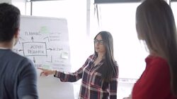 Woman discussing the workflow on whiteboard Stock Footage