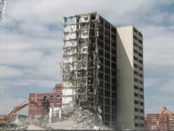 WS View of hydraulic shear building demolition / Chicago, Illinois, USA Stock Footage