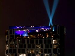 Search lights and Modern buildings Stock Footage