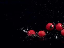 MS SLO MO Cherry tomatoes falling and rolling on water against black background / Vieux Pont, Normandy, France  Stock Footage