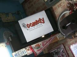 ATMOSPHERE: Signage at the Philly-LA Has A Heart Presents Comedy For A Cause Benefiting The Bryan Stow Fund at Santa Monica CA.  Stock Footage