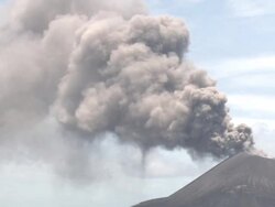 Medium shot of Anak Krakatau erupting ash into air, Krakatoa, Indonesia, November 2010 Stock Footage