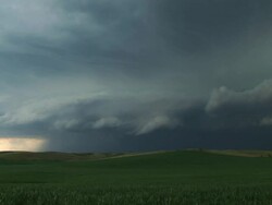 WS T/L View of supercell thunderstorm approaching over corn and hills / Nebraska, United States Stock Footage
