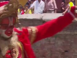 MS Man dressed up in  elaborate monkey costume and  performing dance with bells AUDIO / Kathmandu, Central Region, Nepal Stock Footage