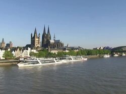 WS View of Rhine river, Cathedral and church / Cologne, North Rhine Westphalia, Germany Stock Footage