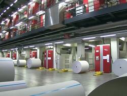 MS Shot of web press at newspaper printing office / Russelheim, Hesse, Germany Stock Footage