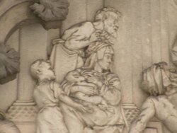 CU PAN View of  intricate carvings on  exterior of church / New York City, New York, United States Stock Footage