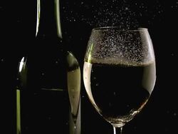 MS SLO MO Shot of Bottle and glass of white against black background / Calvados, Normandy, france Stock Footage