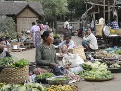 MS Shot of Women selling vegetables on myinkaba market / Bagan, Mandalay Division, Myanmar Stock Footage