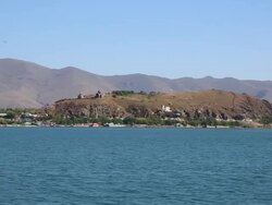 Sevan lake, view of the lake and Sevanavank monastery in the background Stock Footage