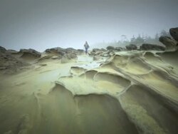 MS SLO MO POV Woman Hiking on Sculpted Sandstone by Sea / Shore Acres State Park, Oregon, United States Stock Footage