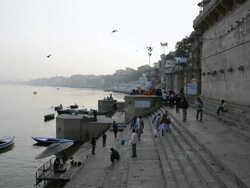WS Shot of river Ganges at sunset / Varanasi, Utter Pradesh, India  Stock Footage