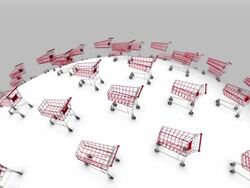 High angle rotation viewing many Shopping Carts around globe Stock Footage