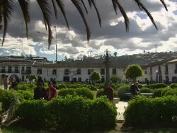 "View of busy square, people sitting and lots of people walking around, bright cloudy day, Plaza De La Armas, Chachapoyas, Peru [PerÃƒÂº]" Stock Footage