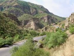 Geghard monastery, view of the Azat canyon Stock Footage