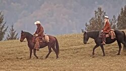 TS Two cowboys and a cowgirl riding horse on mountain Stock Footage
