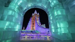 Spectacular illuminated ice sculptures at the Harbin Ice and Snow Festival in Heilongjiang Province, Harbin,  China Stock Footage