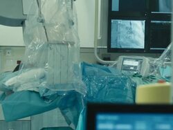 Operative room. Monitor transmiting process of injection into blood vessel Stock Footage