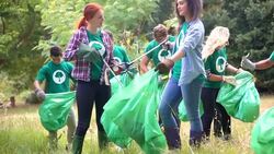 Environmentalist volunteers picking up trash Stock Footage