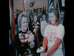 SYND 4 6 75 THATCHER IN PARLIAMENT SQUARE AND REFERENDUM PREPARATIONS AT EARLS COURT News Clip