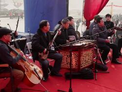 MS Folk artists of Chinese opera troupe playing accompaniment with music instrument during Chinese spring festival AUDIO /xi'an, shaanxi, china Stock Footage