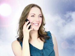 Attractive woman happy telephone conversation. Blue sky sunshine. Stock Footage