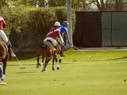 SLO MO rear view of polo match as ball is struck and hurdles towards goal line but defending team player manages to catch up with ball and stop it from entering goal  / Indio, California, USA  Stock Footage