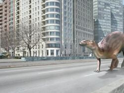 Medium Long Shot pan-left - A dinosaur creeps past modern buildings then stalks through a tropical forest. /  Stock Footage