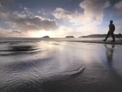 MS POV TS Shot of Young man walking on beach at sunset / Port Orford, Oregon, United States  Stock Footage