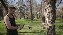 Preparing for walking on the rope,outdoors Stock Footage