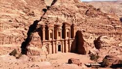 Monastery at Petra animal herd Petra, Jordan, Middle East Stock Footage