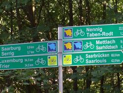 MS View of cyclist and hiker signs at Saar Valley near Saarburg / Taben-Rodt, Saar-Valley, Rhineland-Palatinate, Germany Stock Footage