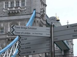  MS Street signs at tower bridge / London, Great Britain   Stock Footage